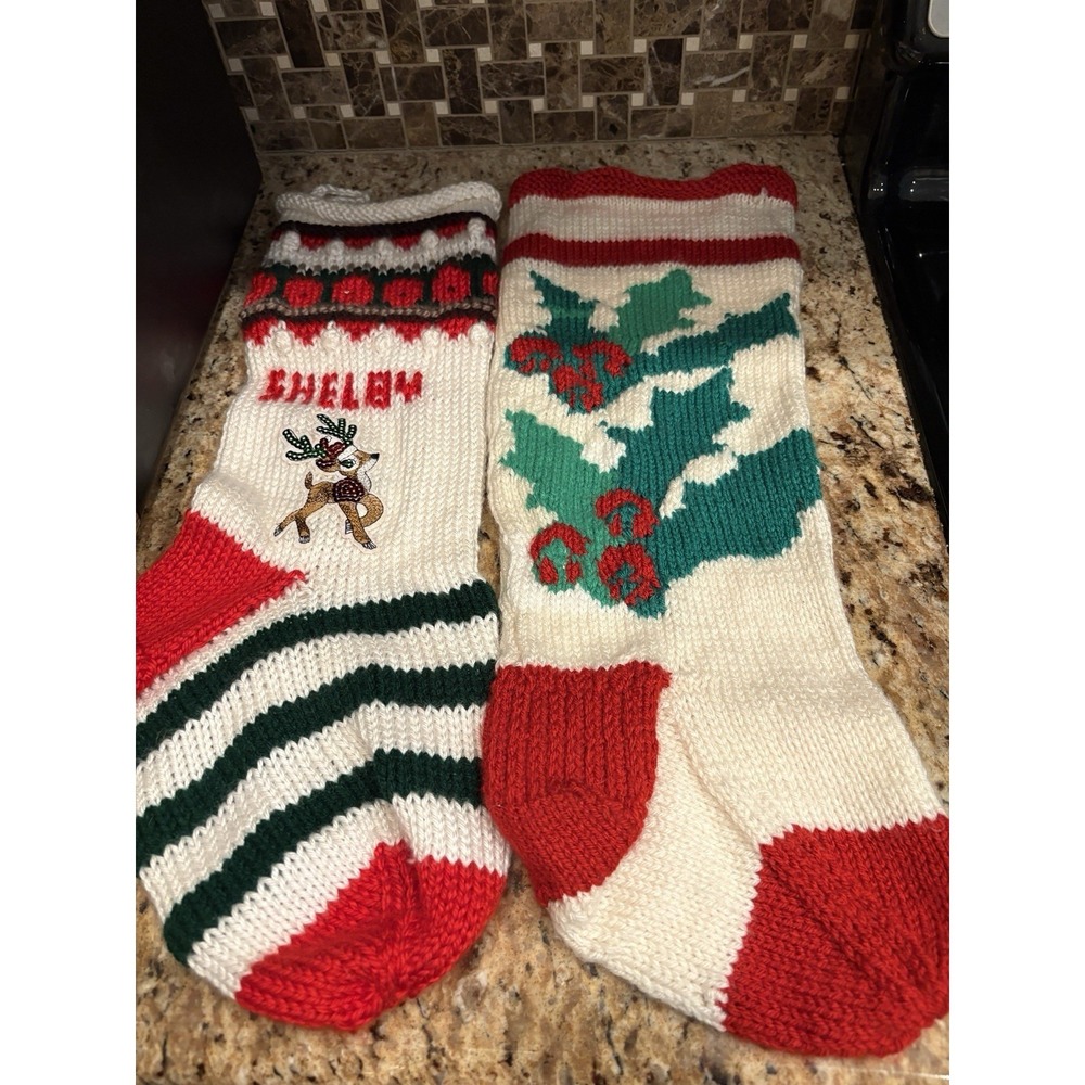 VTG Knitted Wool Christmas Stocking Design Hand Knit Striped Green Red 19" set